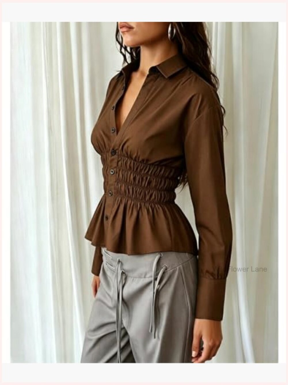 Women Long Sleeve Button Down Fitted Shirts Collared Cinched Waist Tops Office - Picture 5 of 6